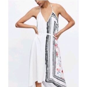 ZARA Combined Asymmetric Halter V-Neck Dress Rose Print Black/White/Red Sz S